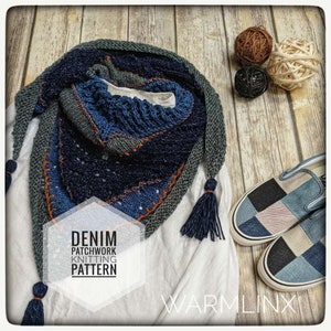May include: A blue and gray knitted scarf with tassels, featuring a denim patchwork design. The scarf is laid out on a white surface with the text "DENIM PATCHWORK KNITTING PATTERN" and "WARMLINX" visible.