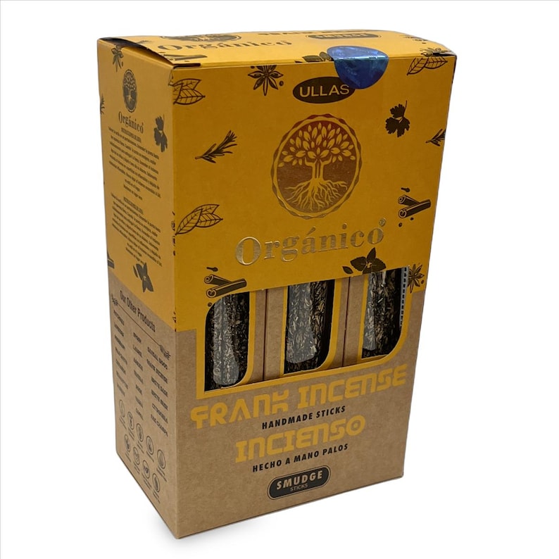 May include: A cardboard box of Frank Incense handmade sticks. The box is tan and yellow with the word "Org&aacute;nico" and a tree logo. The text "FRANK INCENSE" and "INCIENSO" are printed on the front. The box contains several incense sticks.