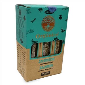May include: A box of jasmine handmade smudge sticks. The box is teal and brown with the word "Organico" and a tree logo. The box has a window showing the sticks inside. The text "Jasmine Handmade Sticks Jazm&iacute;n" is printed on the front.