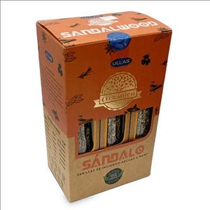 May include: A rectangular cardboard box of Ullas Organico sandalwood incense sticks. The orange and tan packaging features the text SANDALWOOD, S&Aacute;NDALO, and VARILLAS DE INCIENSO HECHAS A MANO, with a cutout window displaying the incense sticks.