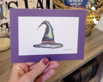 Witch Hat Watercolor Art Print: Purple Matted Frame, Halloween Decor (5x7)