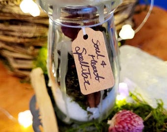 May include: A glass jar with a cork stopper, sealed with wax, and a tag reading "Soul & Heart Spell Kit". The jar contains herbs and spices. It rests on moss and dried flowers. The jar is surrounded by fairy lights.