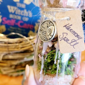 Peut inclure: Un petit bocal en verre avec un sceau de cire rose et une étiquette en papier brun qui indique "Memory Spell". Le bocal contient des fleurs séchées, de la mousse et du sel rose de l'Himalaya.