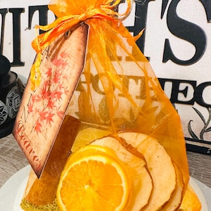 May include: A clear orange mesh bag filled with dried orange slices and apple slices. The bag is tied with a brown twine bow and has a vintage-style tag that says "Autumn Leaves".