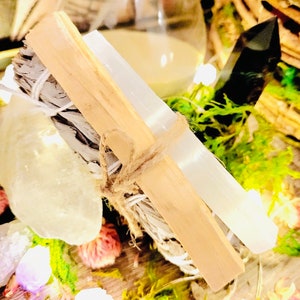 White Sage Palo Santo Selenite Bundle- white sage, palo santo, selenite stick, smudge bundle, smudging bundle, cleansing energy, smudge