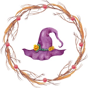 Sombrero de bruja púrpura en corona acuarela pintura arte impresión, sombrero de bruja acuarela arte impresión, arte del sombrero de bruja, arte de bruja, arte de la acuarela de Halloween