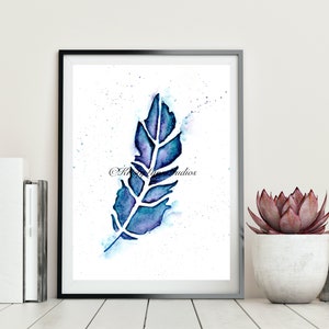FEATHER WATERCOLOR PRINT- Blue & Purple feather watercolor art print, feather nursery art, feather art print, feather office art, wall art