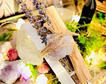 Rookreinigende witte saliebundel met palo santo, seleniet, lavendel en amethist, rookreinigende bundel, rookreinigende bundels