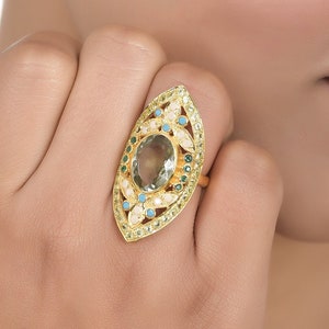 Green Amethyst, Emerald, Peridot, Pearl & Turquoise Gold Vermeil Over Sterling Silver Ring