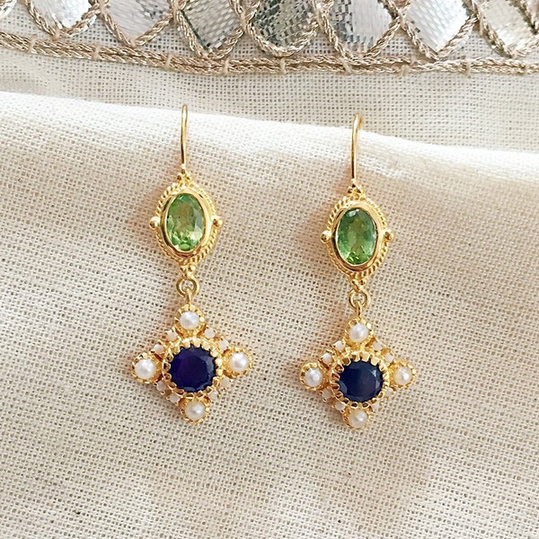 Peridot, Sapphire & Pearl Vermeil 14K Gold Over Sterling Silver Earring