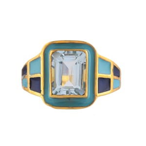 Blue Topaz Gold Vermeil Over Sterling Silver Art Deco Enameled Ring