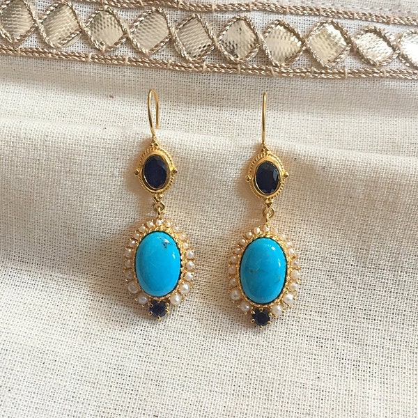 Turquoise, Sapphire & Pearl Vermeil 14K Gold Over Sterling Silver Earring