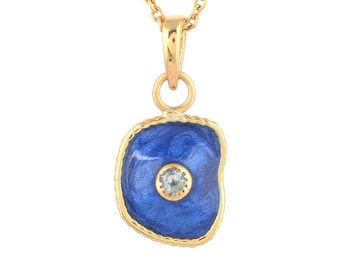 White Topaz Blue Enamel Pendant, Organic Form, Gold Vermeil Sterling Silver, No Chain Included