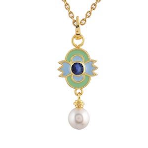 Blue sapphire & Pearl Gold Vermeil Over Sterling Silver Enameled Pendant