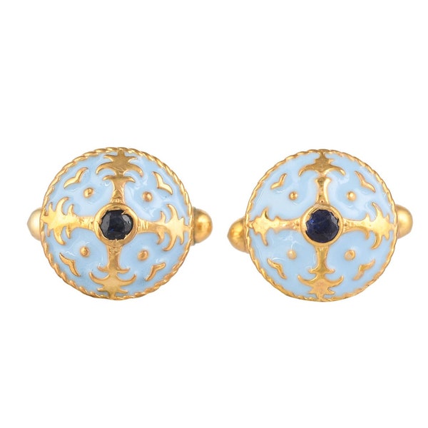 Blue Sapphire 14K Gold Plated Art Deco Enameled Cufflinks