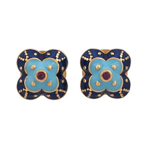 Ruby Blue Enamel Cufflink | Turquoise |  Floral | Gold Plated | Groomsmen Gift | July Birthstone | Men's Jewelry