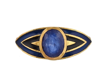 Blue Sapphire Gold Vermeil Over Sterling Silver Art Deco Enameled Ring