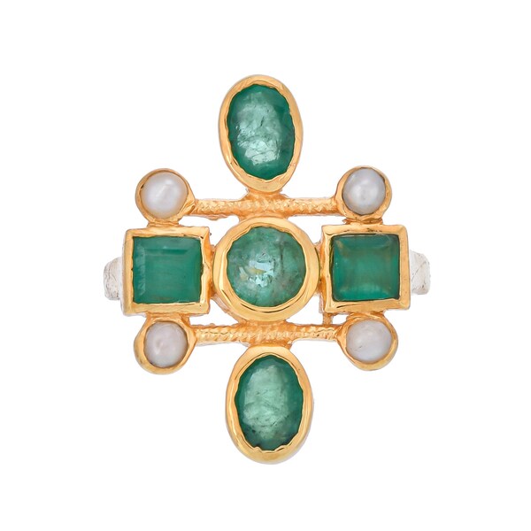 Emerald & Pearl Gold Vermeil Over Sterling Silver Ring