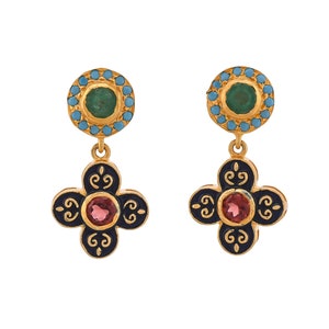 Emerald, Turquoise & Garnet Gold Vermeil Over Sterling Silver Earring