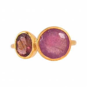 Robijn en roze toermalijn goudvermeil op sterlingzilveren ring