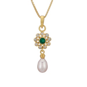 Emerald & Pearl Gold Vermeil Over Sterling Silver Pendant