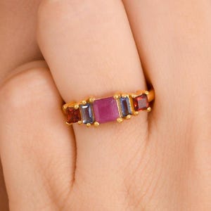 Ruby Iolite Garnet Ring | Gold Vermeil Sterling Silver Prong Set Five Stone | July Birthstone