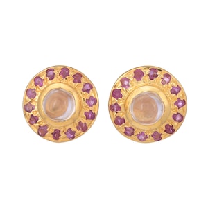 Moonstone & Ruby Gold Vermeil Over Sterling Silver Stud Earring