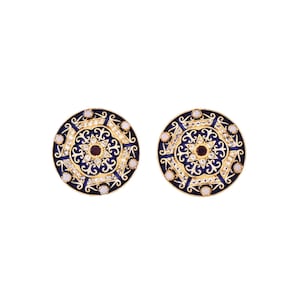 Ruby Topaz Pearl Enamel Cufflinks | Gold Plated Brass Scrollwork Medallion | July Birthstone Groomsmen Gifts