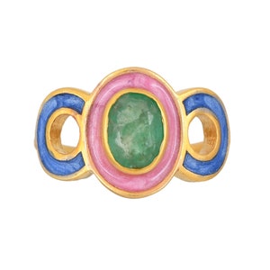 Emerald Gold Vermeil Over Sterling Silver Enameled Ring