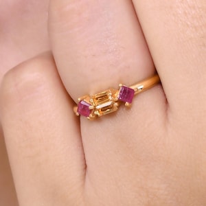 Ruby Citrine Ring | Gold Vermeil Sterling Silver Prong Set Baguette | Multi Cut Gemstones