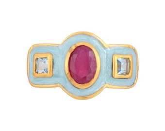 Ruby & Blue Topaz Gold Vermeil Over Sterling Silver Enameled Ring