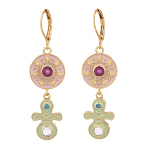 Ruby, Moonstone & Turquoise Gold Over Brass Enameled Earring