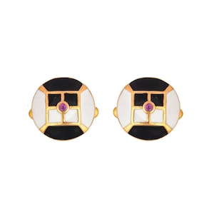 Robijnrode emaille manchetknopen met geometrisch raster | Verguld messing frame | Geboortesteen van juli | Cadeau voor bruidsjonkers
