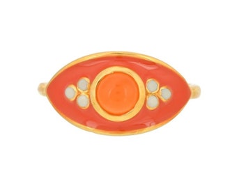 Carnelian & Pearl Gold Vermeil Over Sterling Silver Enameled Ring