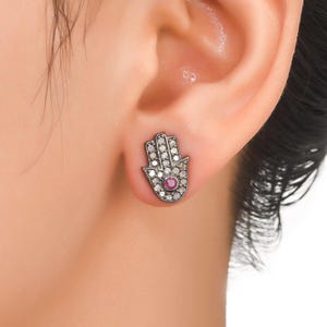 Ruby Diamond Hamsa Stud Earrings | Oxidized Silver Bezel Set July Birthstone Hand Of God