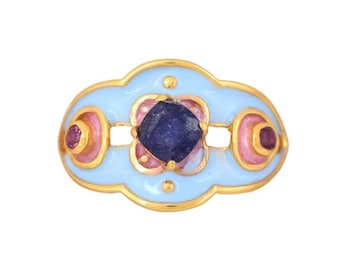 Blue Sapphire & Pink Tourmaline Gold Vermeil Over Sterling Silver Enameled Ring