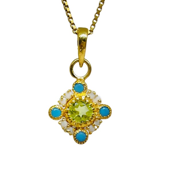 Peridot, Turquoise & Pearl 14K Gold Vermeil Over Sterling Silver Pendant