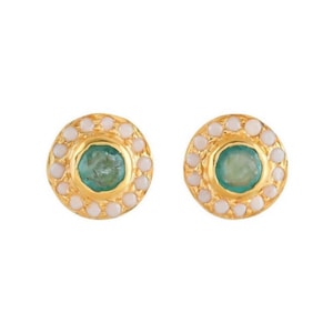 Minimalist Emerald Pearl Gold Plated Stud, Personalized, 14 Gemstone Styles, Handmade Artisan Earring Gift