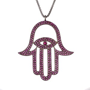 Ruby Hamsa Hand Pendant, Oxidized Jewelry, Evil Eye, Handmade Sterling Silver Gift, No Chain Included