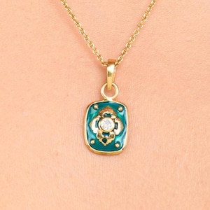 White Topaz Enamel Necklace| Gold Over Brass Bezel Set Rectangular Teal Scrollwork Pendant