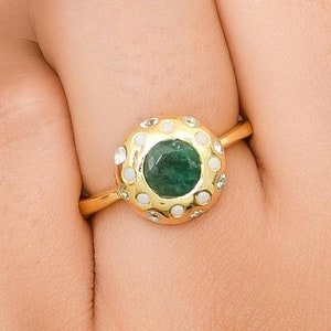 Emerald, Pearl & White Topaz Gold Vermeil Over Sterling Silver Ring