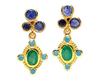 Emerald, Sapphire & Turquoise 14K Gold Vermeil Over Sterling Silver Earring