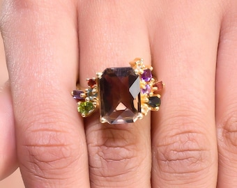 Smoky Topaz Cocktail Ring | Gold Vermeil Sterling Silver Multi Gemstone Cluster | Colorful