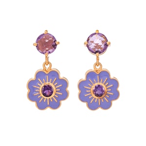 Amethyst 14K Gold Vermeil Over Sterling Silver Art Deco Enameled Earring