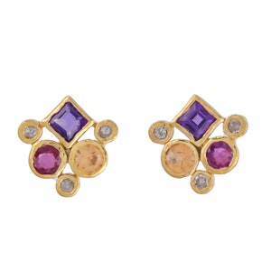 Diamond, Amethyst, Citrine & Pink Tourmaline 14K Gold Vermeil Over Sterling Silver Stud Earring
