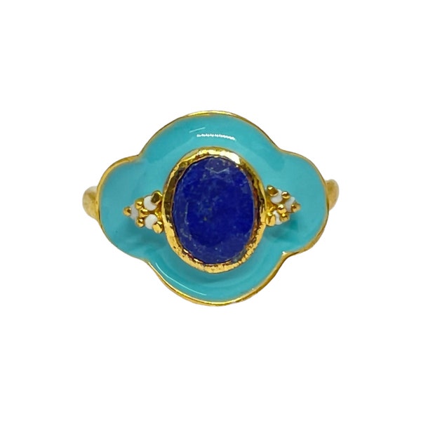 Lapis Lazuli & Pearl 14K Gold Vermeil Over Sterling Silver Art Deco Enameled Ring