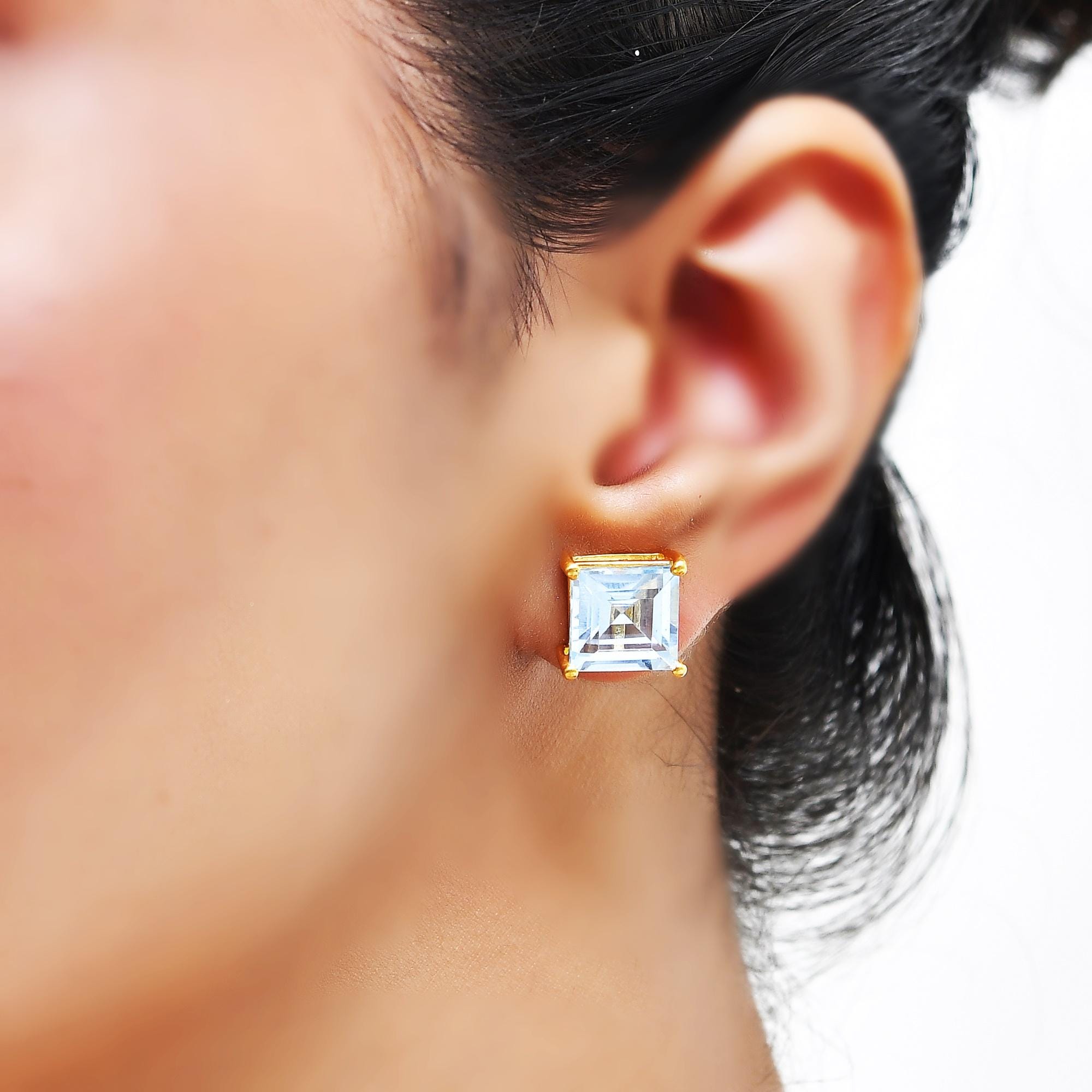 SALAN Orecchini A Bottone in Oro Blu Viola con Zirconi Colorati A Forma di Oliva in Argento Sterling 925 per Gioielli di Moda Spagnola da Donna