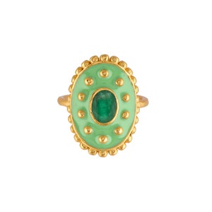 Emerald 14K Gold Vermeil Over Sterling Silver Art Deco Enameled Ring