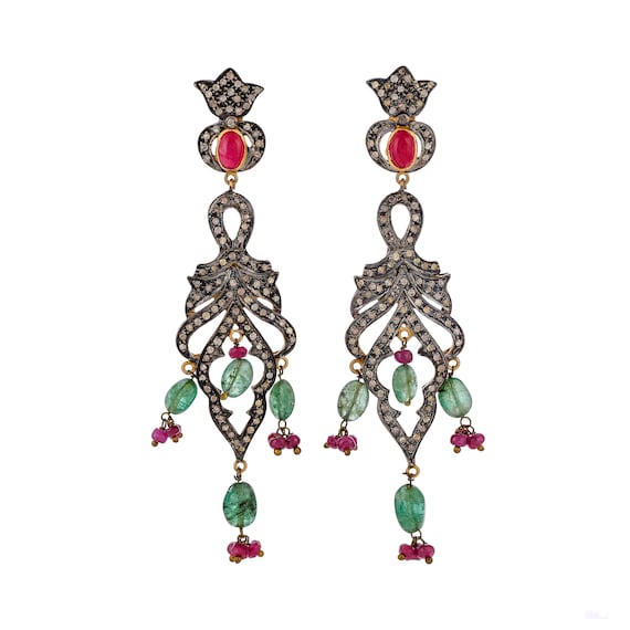 Diamond, Ruby, Emerald Beads Gold Vermeil Over St… - image 1