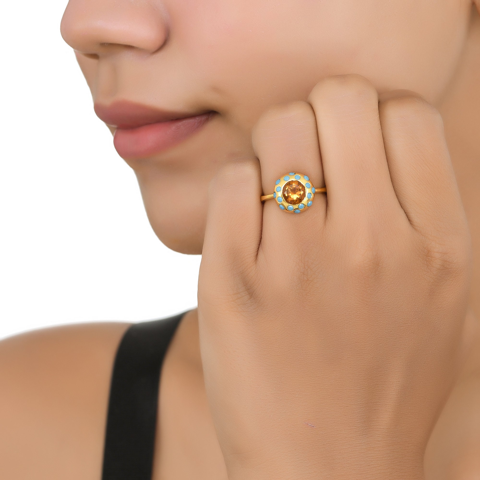 Bague En Argent 925 Sertie D'un Quartz Citrine Naturel De 15 Carats - Taille 57 - Cœur Vermeil
